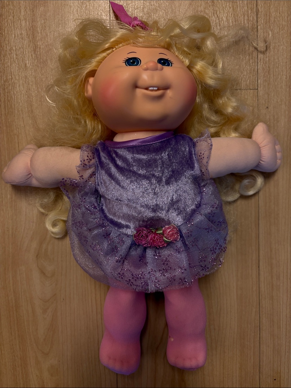 Plush Baby Doll in Purple Dress with Pink Tights